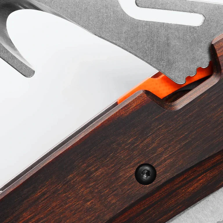 Close-up of a multi-tool with wooden handle and metal components on a white background
