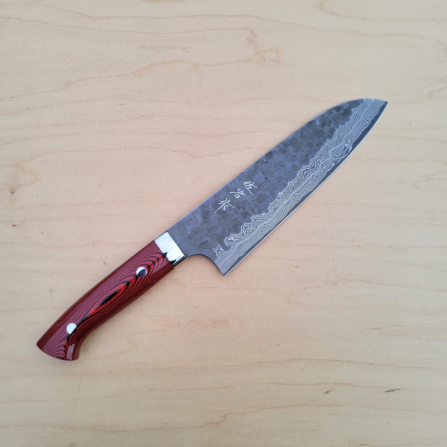 Takeshi Saji VG10 180mm Santoku - Cross Tsuchime Red Micarta