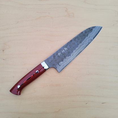 Takeshi Saji VG10 180mm Santoku - Cross Tsuchime Red Micarta