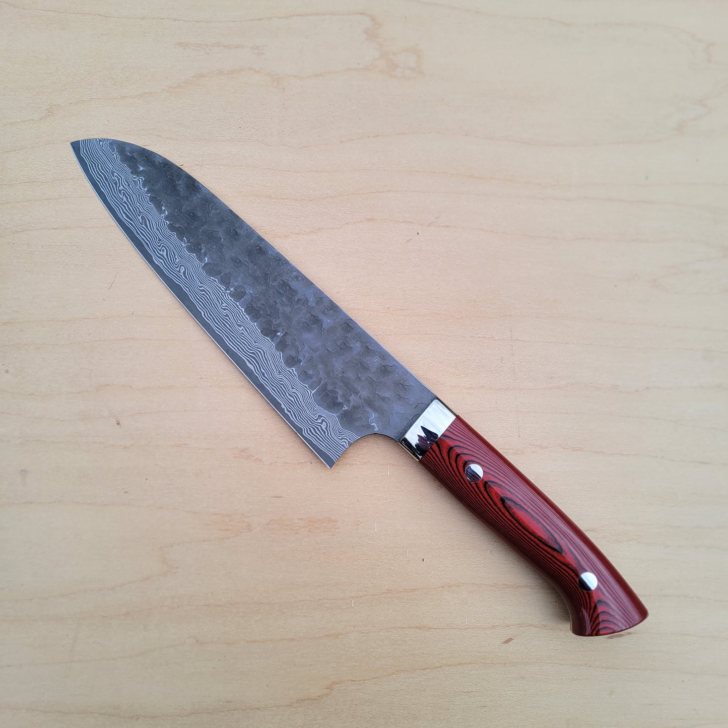 Takeshi Saji VG10 180mm Santoku - Cross Tsuchime Red Micarta