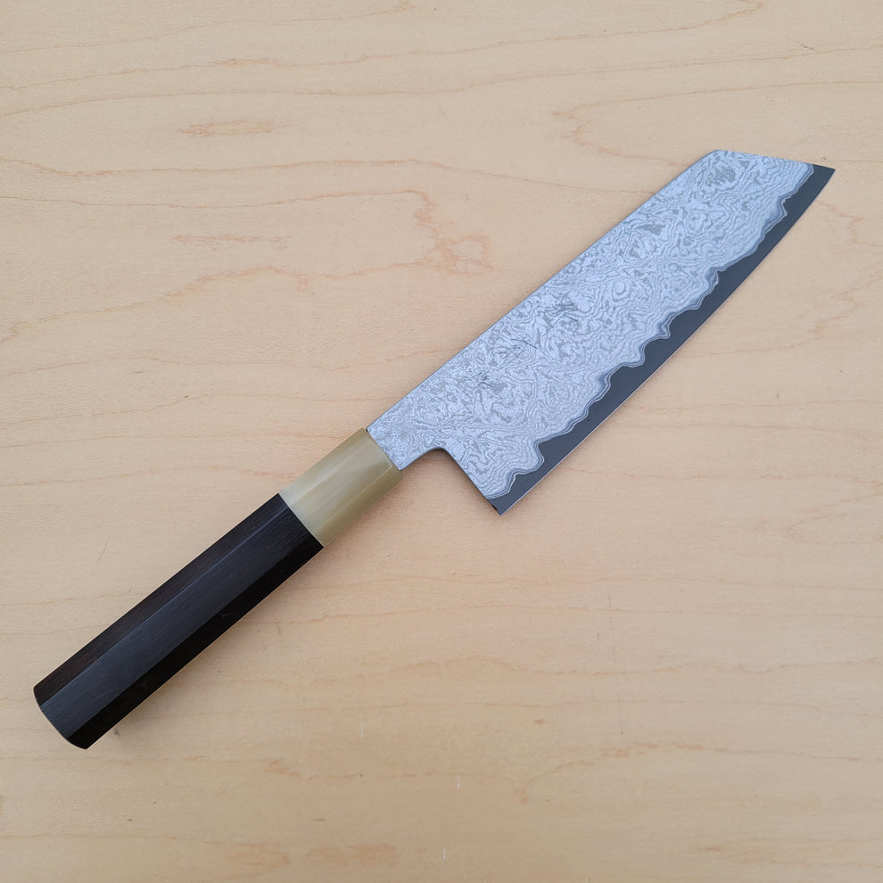 Sakai Kikumori Yogiri 180mm Kiritsuke Santoku - Aogami Super Damascus ...