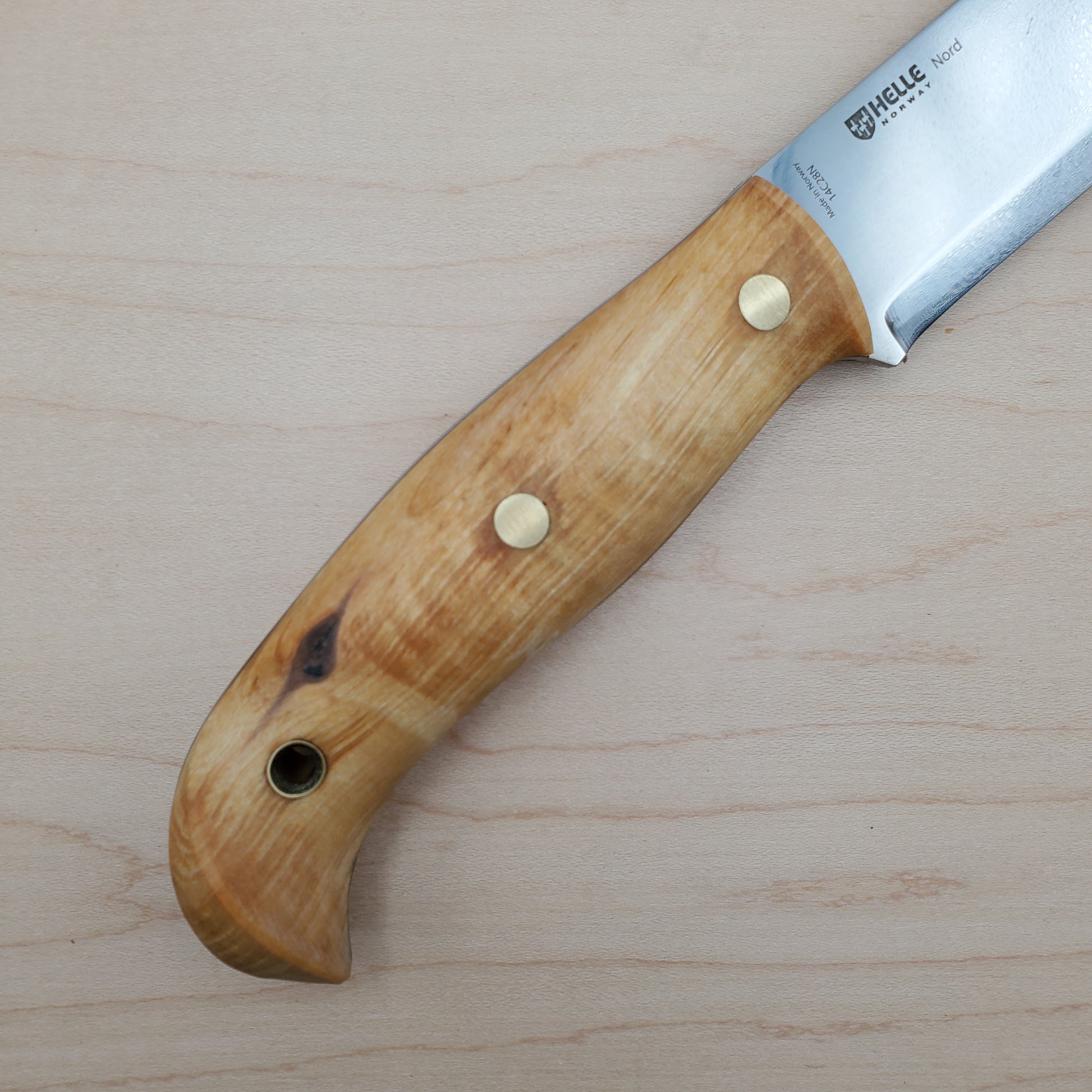 Helle Knives: Nord - Curly Birch - 5.79 Scandi Blade - 14C28N