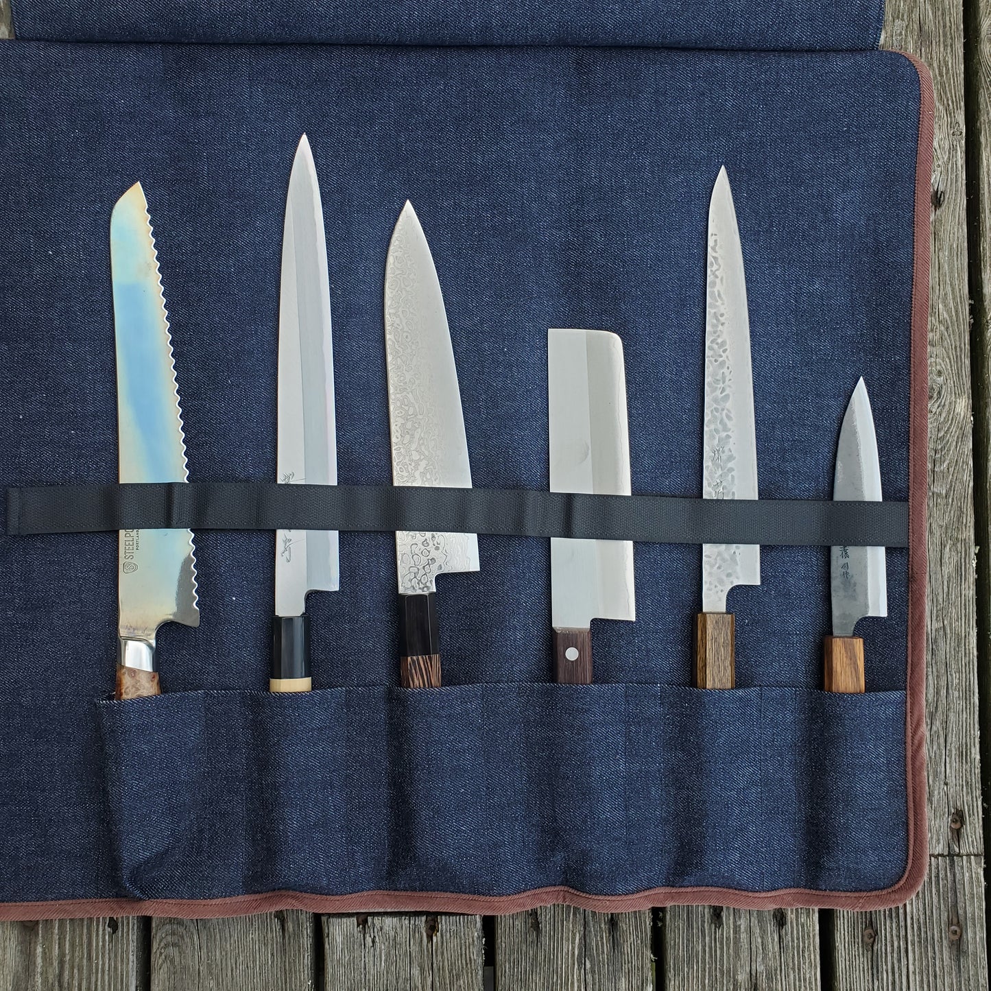 Carbon Steel Chef Knife Set With Rolling Leather Bag Blue